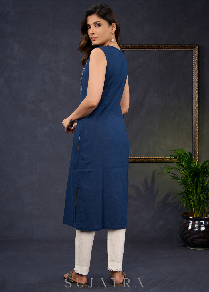 Graceful-Navy-Blue-Cotton-Sleeveless-Kurta-With-Beautiful-Floral-Embroidery-On-The-Yoke--Pant-Optional