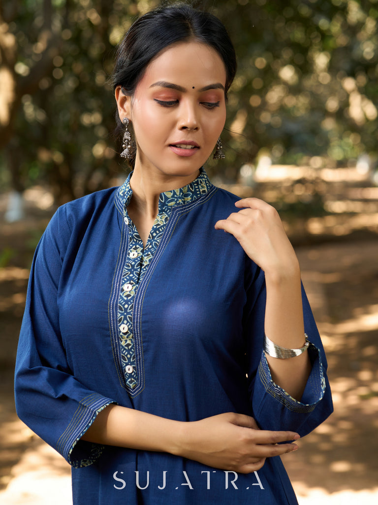 Ethereal Indigo Kurta with Intricate Ajrakh and Delicate Kantha Stitch Detailing