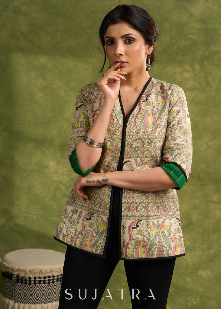 Double The Style : Emerald Green Reversible Cotton Jacket With Intricate Thread work