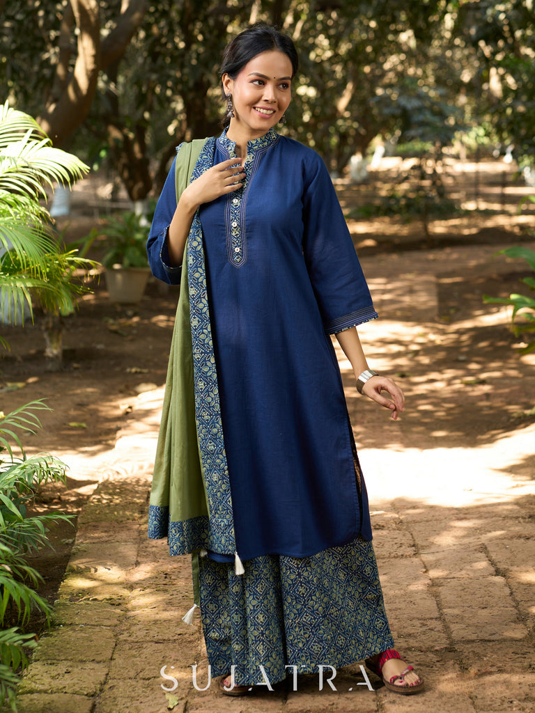 Ethereal Indigo Kurta with Intricate Ajrakh and Delicate Kantha Stitch Detailing