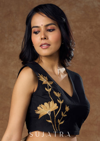 Elegant black Cotton silk blouse with beautiful floral embroidery