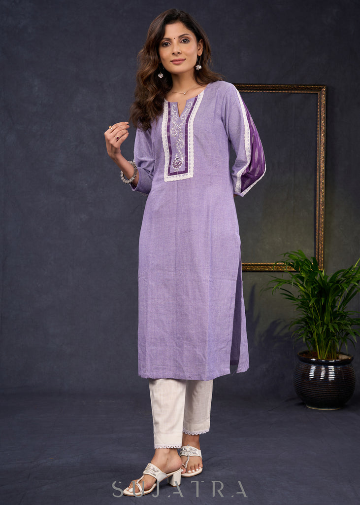 Exclusive-Lilac-Cotton-Straight-Cut-Kurta-Highlighted-With-Ikat-Puff-Sleeves-And-Beautiful-Painting-On-The-Yoke--Pant-Optional