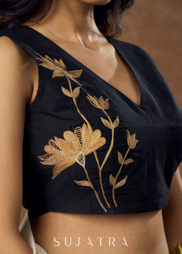 Elegant black Cotton silk blouse with beautiful floral embroidery