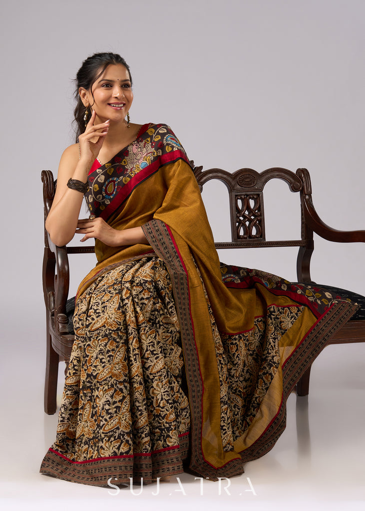 Exclusive mustard Kalamkari fusion cotton saree