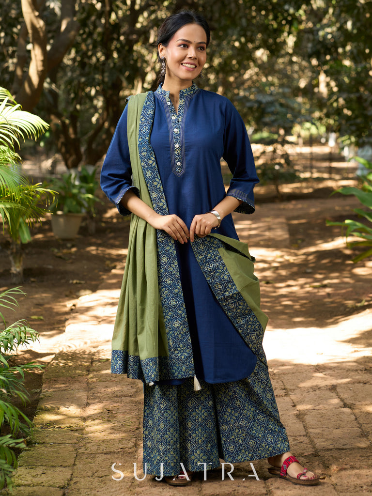 Ethereal Indigo Kurta with Intricate Ajrakh and Delicate Kantha Stitch Detailing