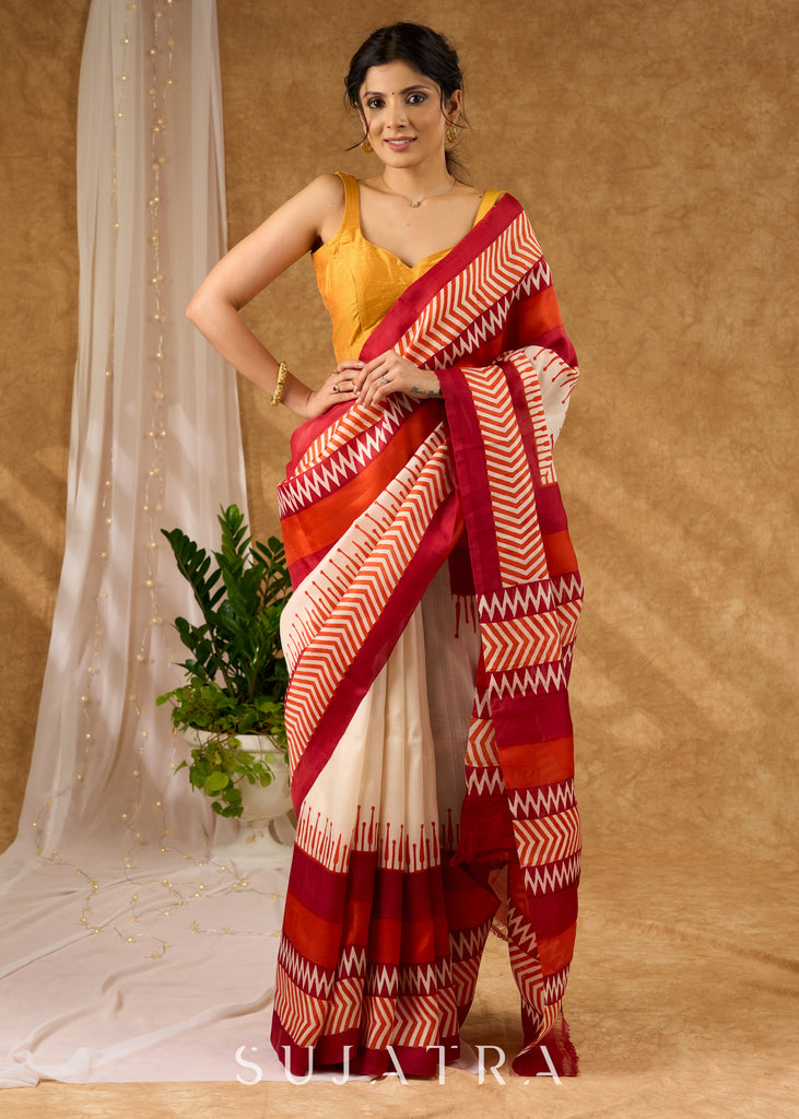 Luxurious Pure Silk Saree Block Printed Saree With Temple Border