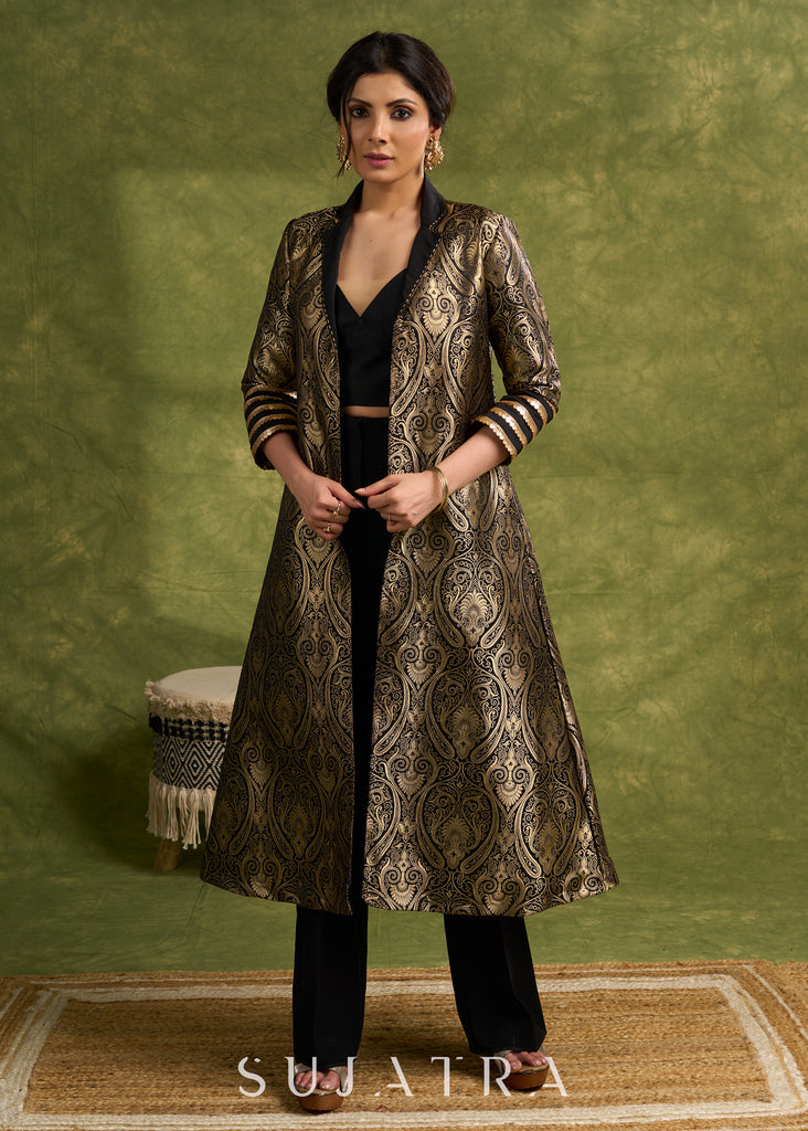 Black Paisley Zari Woven Brocade Trench Coat With Intricate Lace Trim On Sleeves.