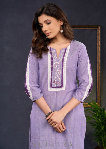 Exclusive-Lilac-Cotton-Straight-Cut-Kurta-Highlighted-With-Ikat-Puff-Sleeves-And-Beautiful-Painting-On-The-Yoke--Pant-Optional