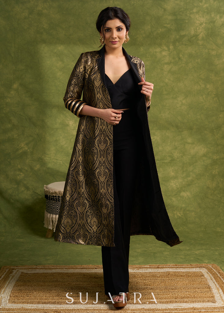 Black Paisley Zari Woven Brocade Trench Coat With Intricate Lace Trim On Sleeves.