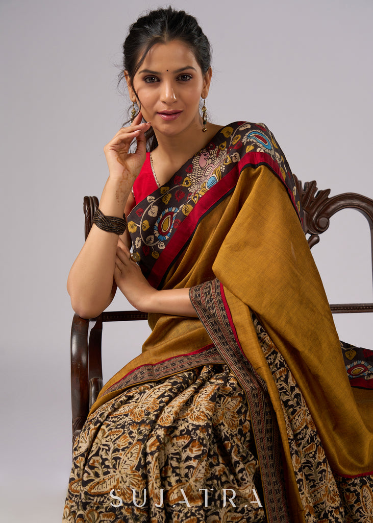 Exclusive mustard Kalamkari fusion cotton saree