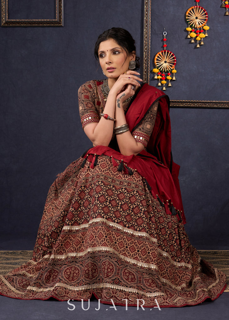 Elegant Maroon & Black Ajrakh Lehenga With Matching Blouse & Dupatta.