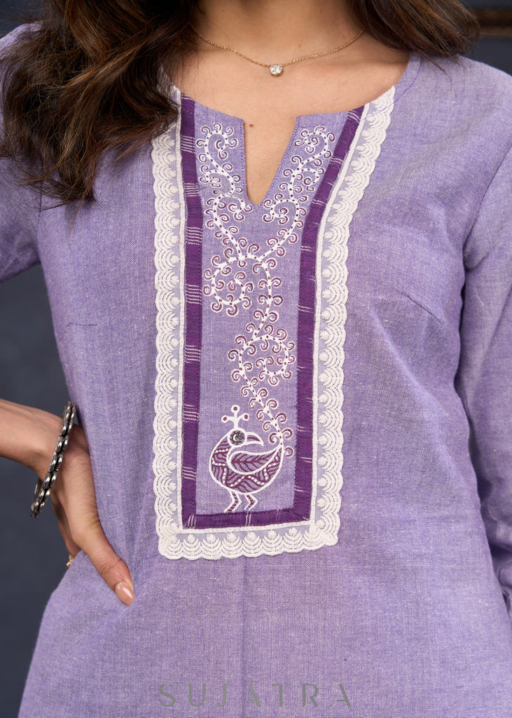 Exclusive-Lilac-Cotton-Straight-Cut-Kurta-Highlighted-With-Ikat-Puff-Sleeves-And-Beautiful-Painting-On-The-Yoke--Pant-Optional