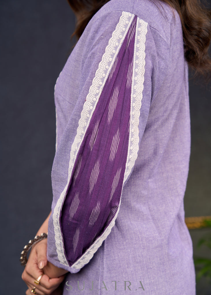 Exclusive-Lilac-Cotton-Straight-Cut-Kurta-Highlighted-With-Ikat-Puff-Sleeves-And-Beautiful-Painting-On-The-Yoke--Pant-Optional