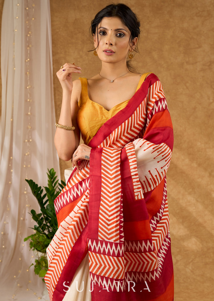 Luxurious Pure Silk Saree Block Printed Saree With Temple Border