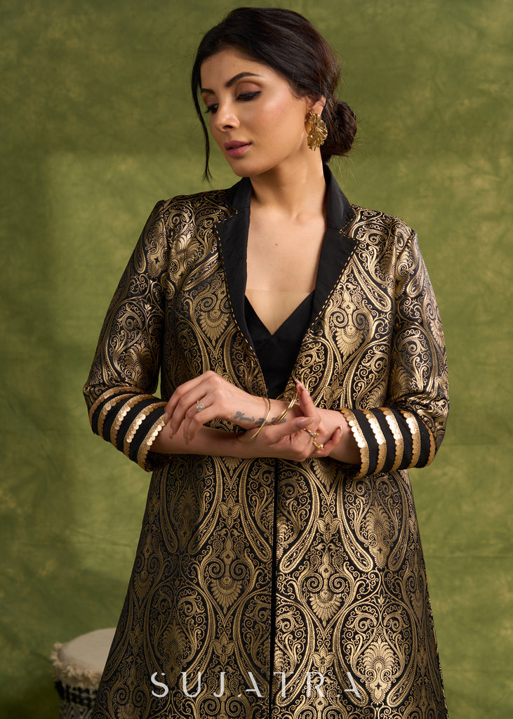 Black Paisley Zari Woven Brocade Trench Coat With Intricate Lace Trim On Sleeves.