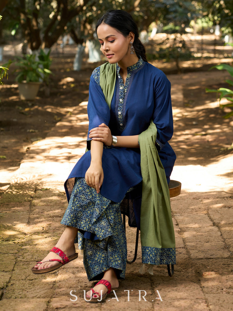 Ethereal Indigo Kurta with Intricate Ajrakh and Delicate Kantha Stitch Detailing