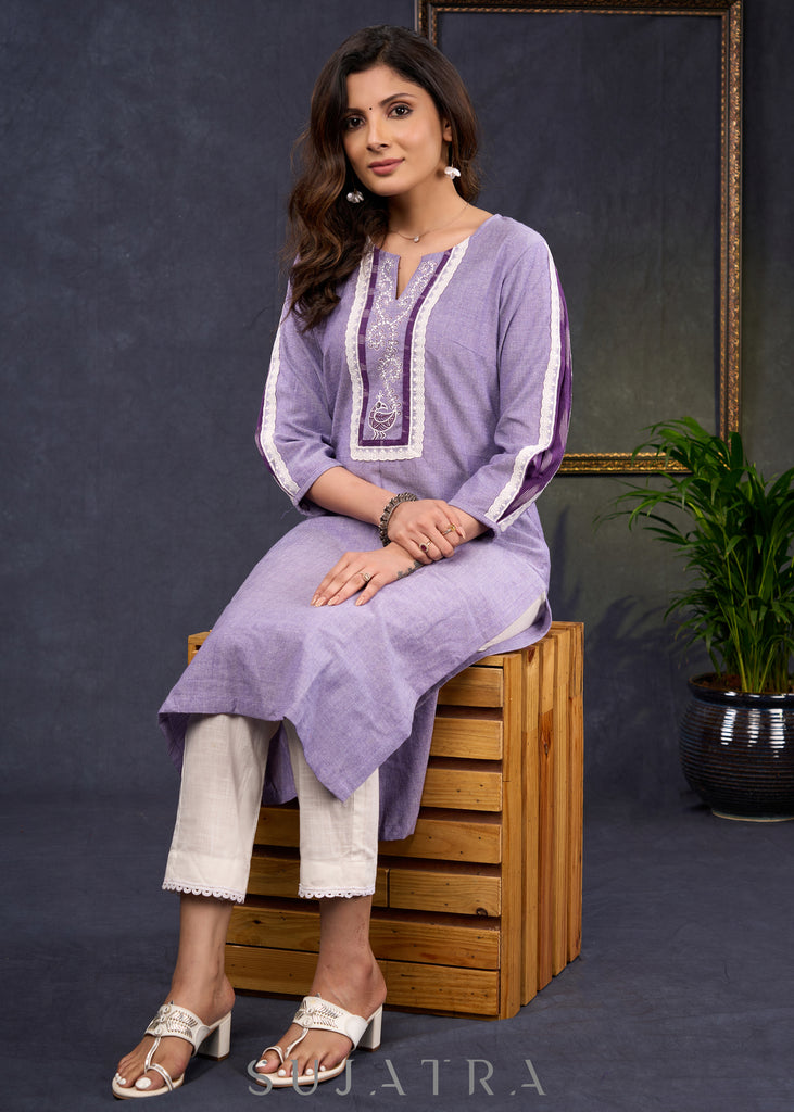 Exclusive-Lilac-Cotton-Straight-Cut-Kurta-Highlighted-With-Ikat-Puff-Sleeves-And-Beautiful-Painting-On-The-Yoke--Pant-Optional