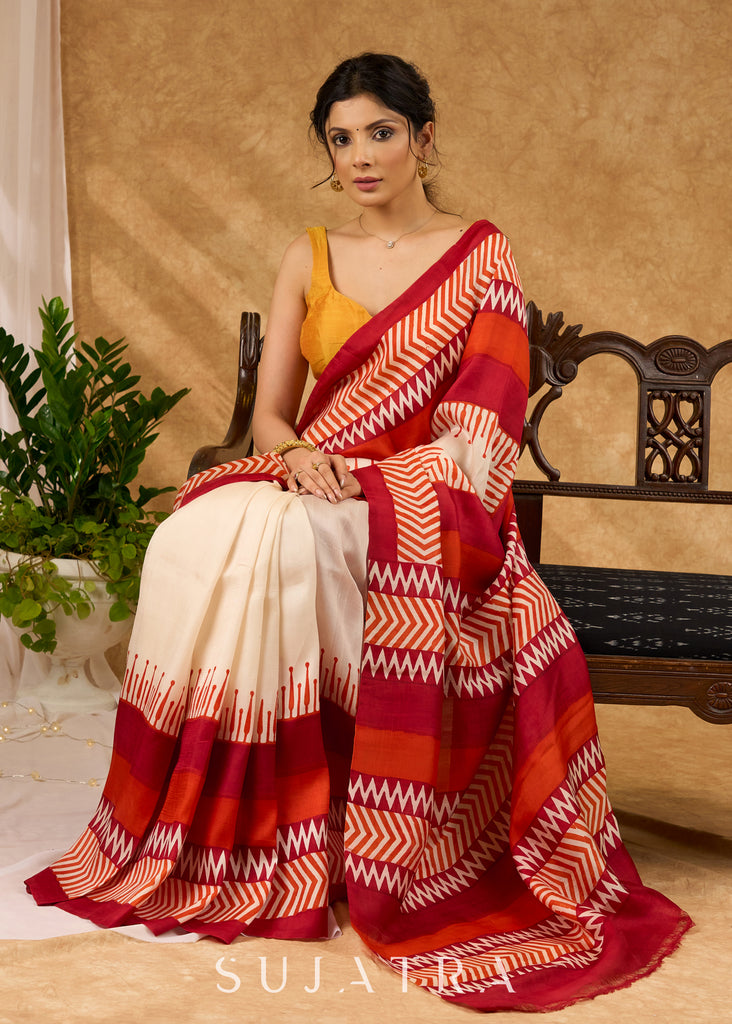 Luxurious Pure Silk Saree Block Printed Saree With Temple Border