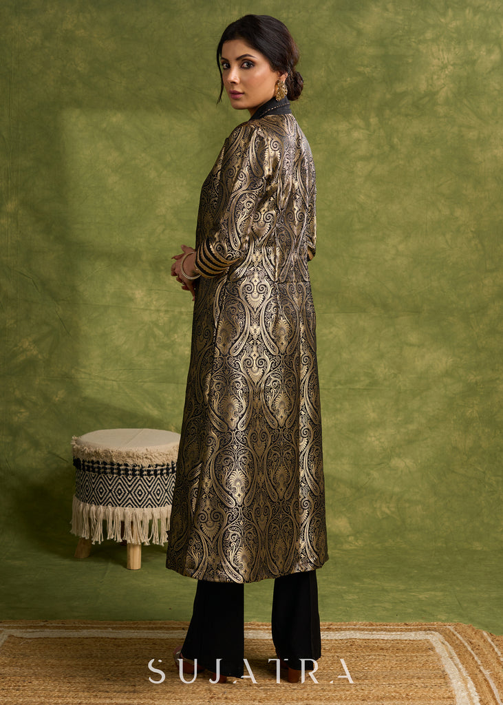 Black Paisley Zari Woven Brocade Trench Coat With Intricate Lace Trim On Sleeves.