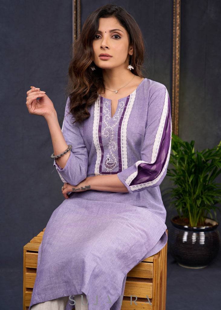 Exclusive-Lilac-Cotton-Straight-Cut-Kurta-Highlighted-With-Ikat-Puff-Sleeves-And-Beautiful-Painting-On-The-Yoke--Pant-Optional