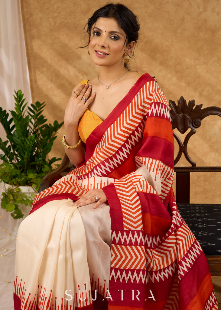 Luxurious Pure Silk Saree Block Printed Saree With Temple Border