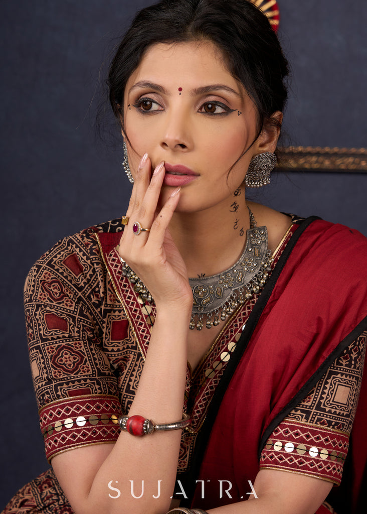 Elegant Maroon & Black Ajrakh Lehenga With Matching Blouse & Dupatta.