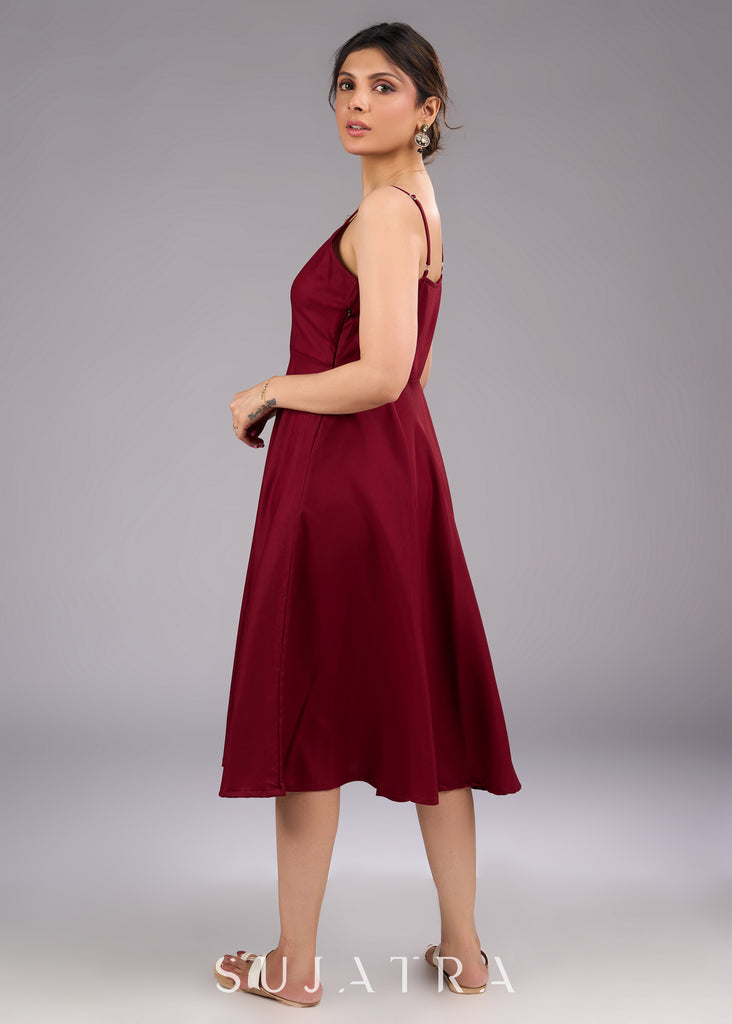 Mystic Maroon Rayon Flared Strappy Dress