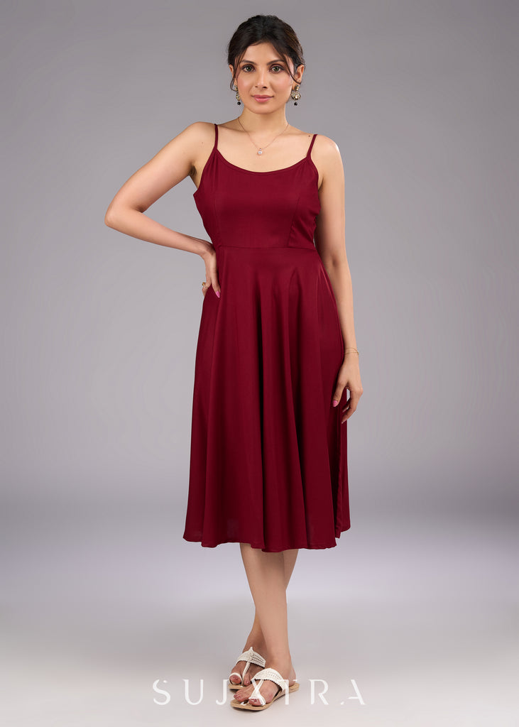 Mystic Maroon Rayon Flared Strappy Dress