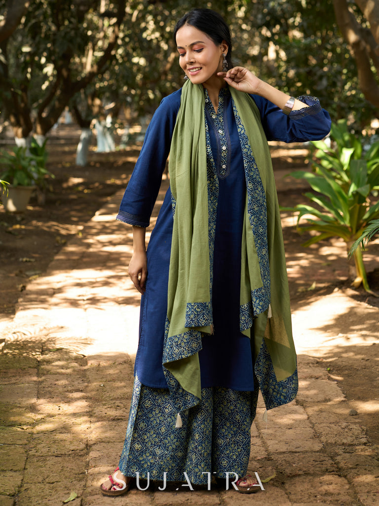 Ethereal Indigo Kurta with Intricate Ajrakh and Delicate Kantha Stitch Detailing