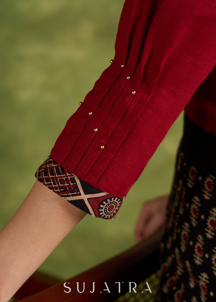 Maroon Cotton Pleated Top With Ajrakh Detailing- Skirt Optional