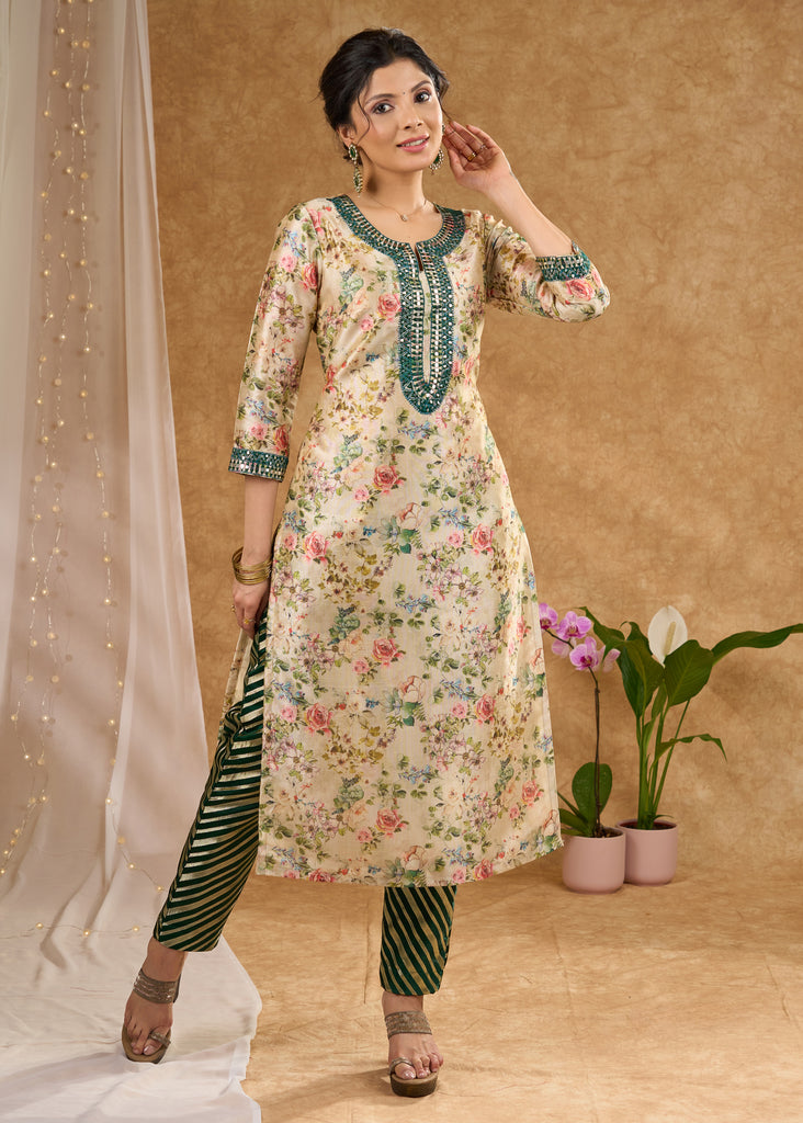 Green printed chanderi kurta with intricate mirror embroidery