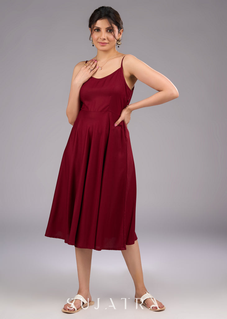 Mystic Maroon Rayon Flared Strappy Dress