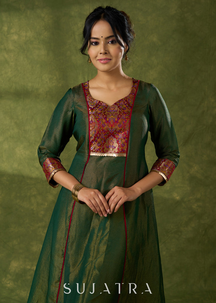 Beautiful Emerald Green Tissue Kurta With Brocade Details - Pant Optional