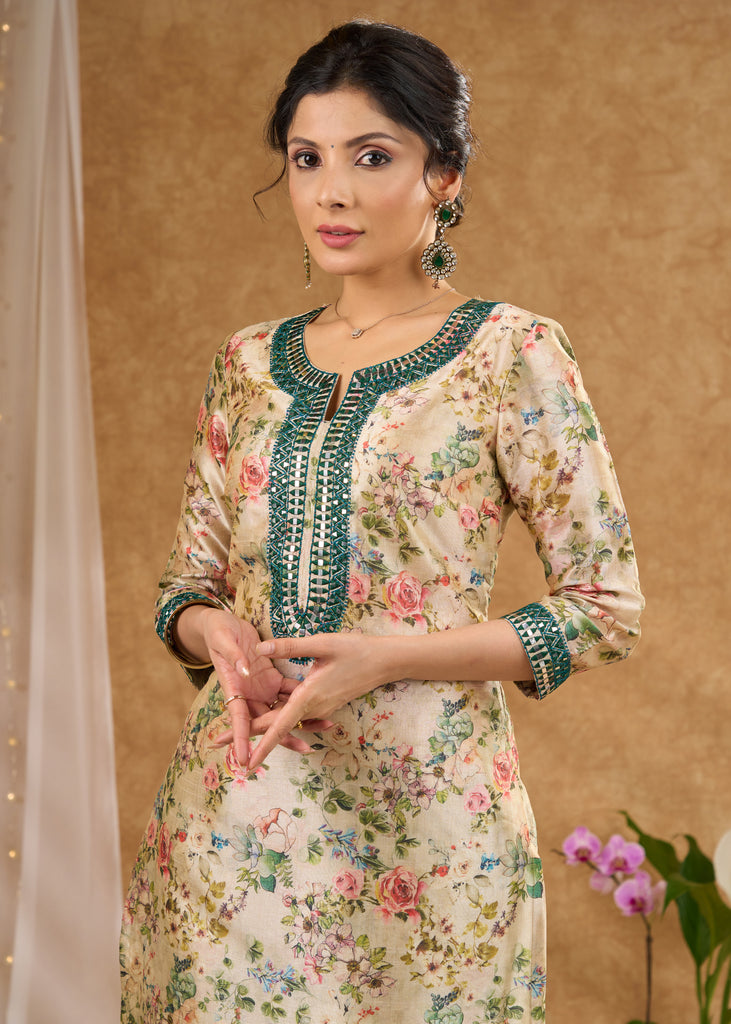 Green printed chanderi kurta with intricate mirror embroidery