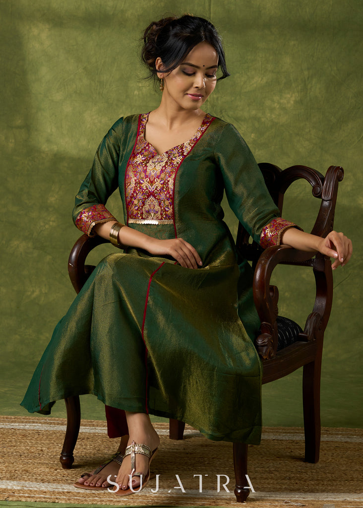 Beautiful Emerald Green Tissue Kurta With Brocade Details - Pant Optional