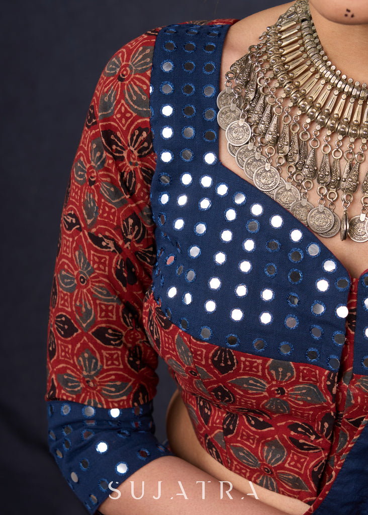 Maroon & Blue Ajrakh Lehenga With Mirror Work On The Blouse & Matching Dupatta.