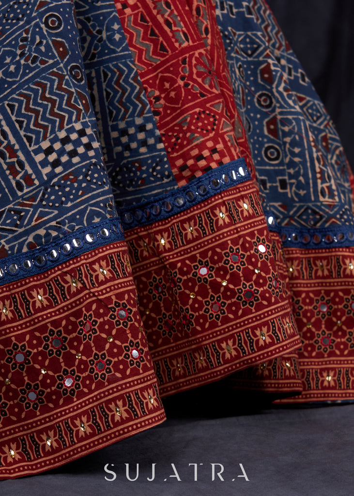 Maroon & Blue Ajrakh Lehenga With Mirror Work On The Blouse & Matching Dupatta.