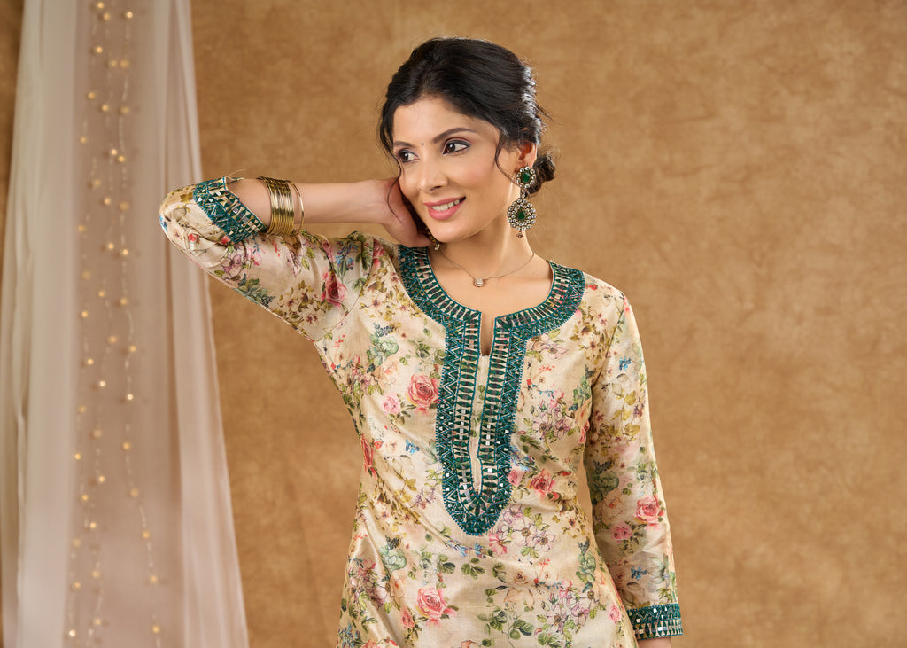 Green printed chanderi kurta with intricate mirror embroidery