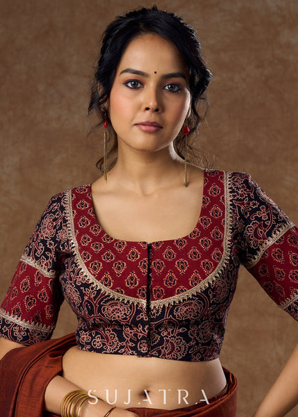 Graceful black & Maroon floral ajrakh blouse with golden lace work