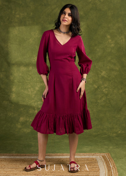 Wine Frill Dress. Elegant Wine Cotton Dress With Ruffled Hem Detailing