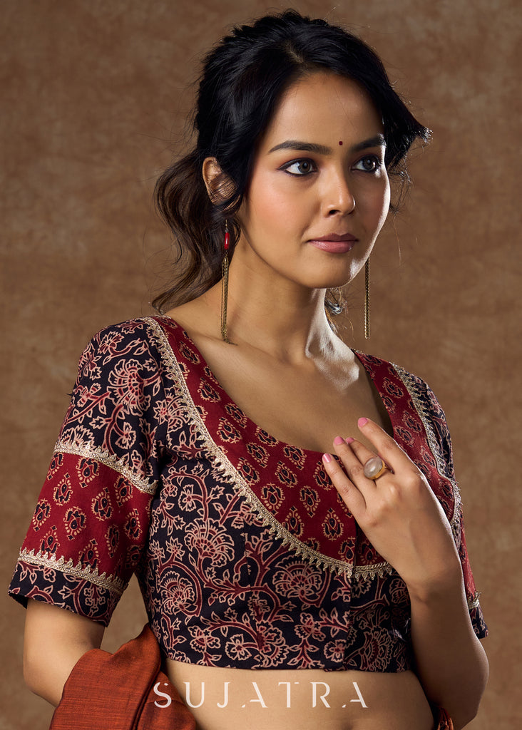 Graceful black & Maroon floral ajrakh blouse with golden lace work