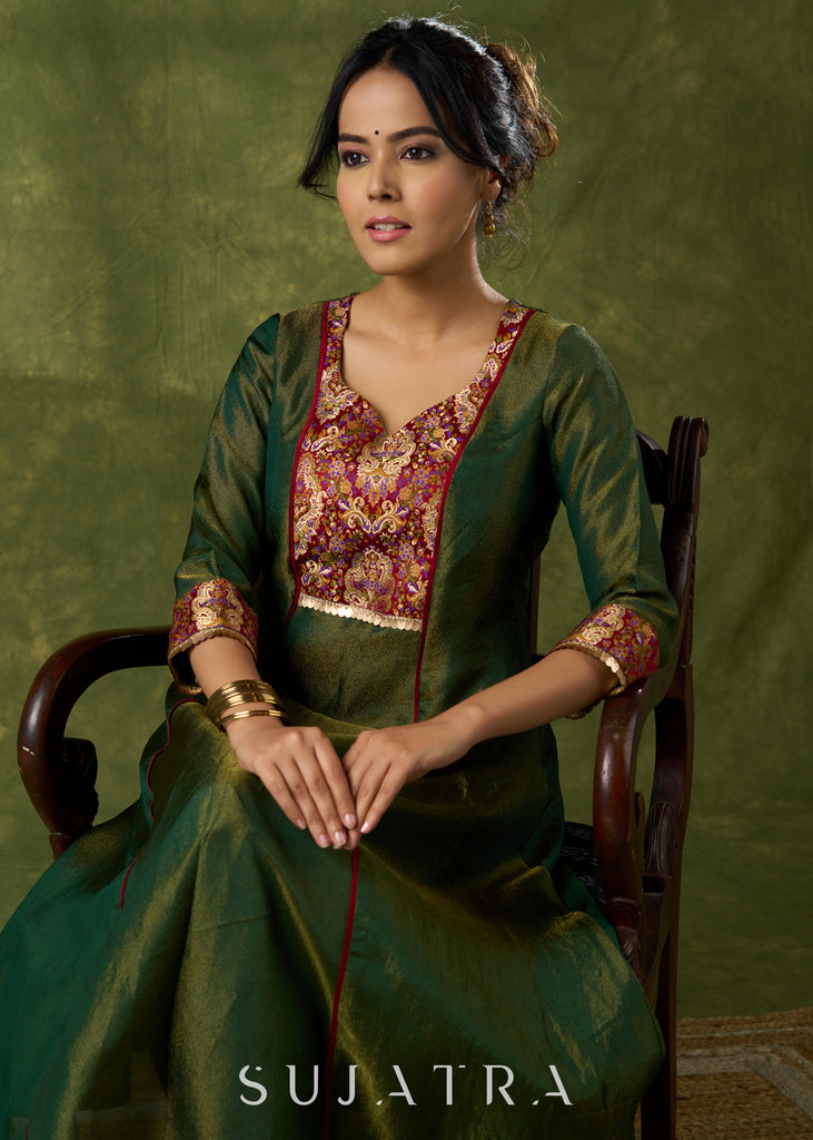 Beautiful Emerald Green Tissue Kurta With Brocade Details - Pant Optional