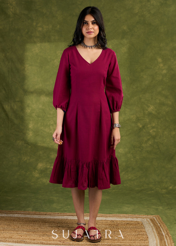 Wine Frill Dress. Elegant Wine Cotton Dress With Ruffled Hem Detailing