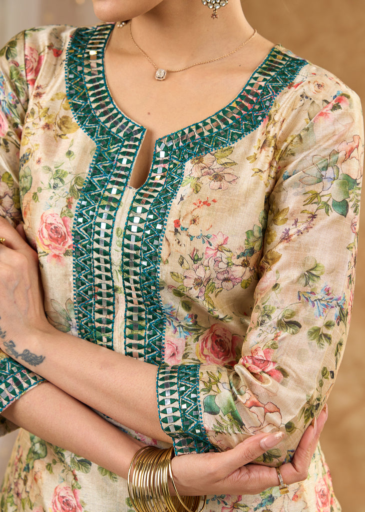 Green printed chanderi kurta with intricate mirror embroidery