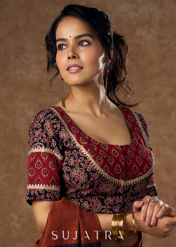 Graceful black & Maroon floral ajrakh blouse with golden lace work