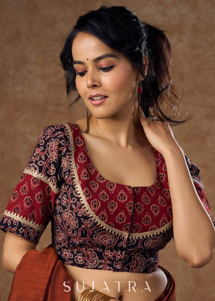 Graceful black & Maroon floral ajrakh blouse with golden lace work