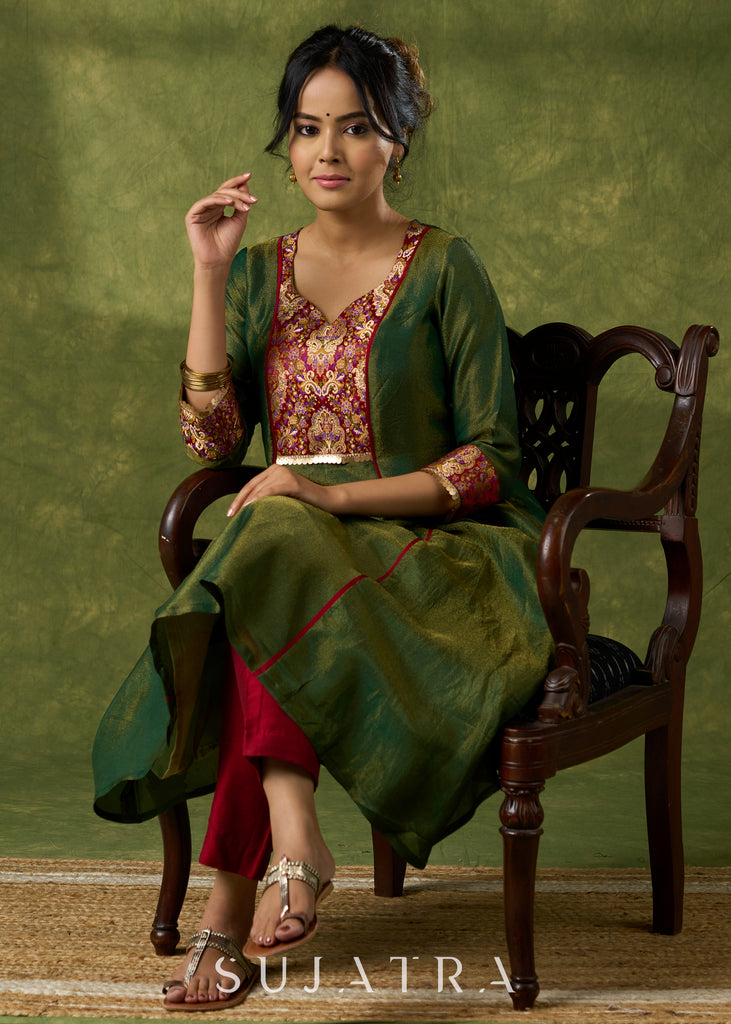 Beautiful Emerald Green Tissue Kurta With Brocade Details - Pant Optional