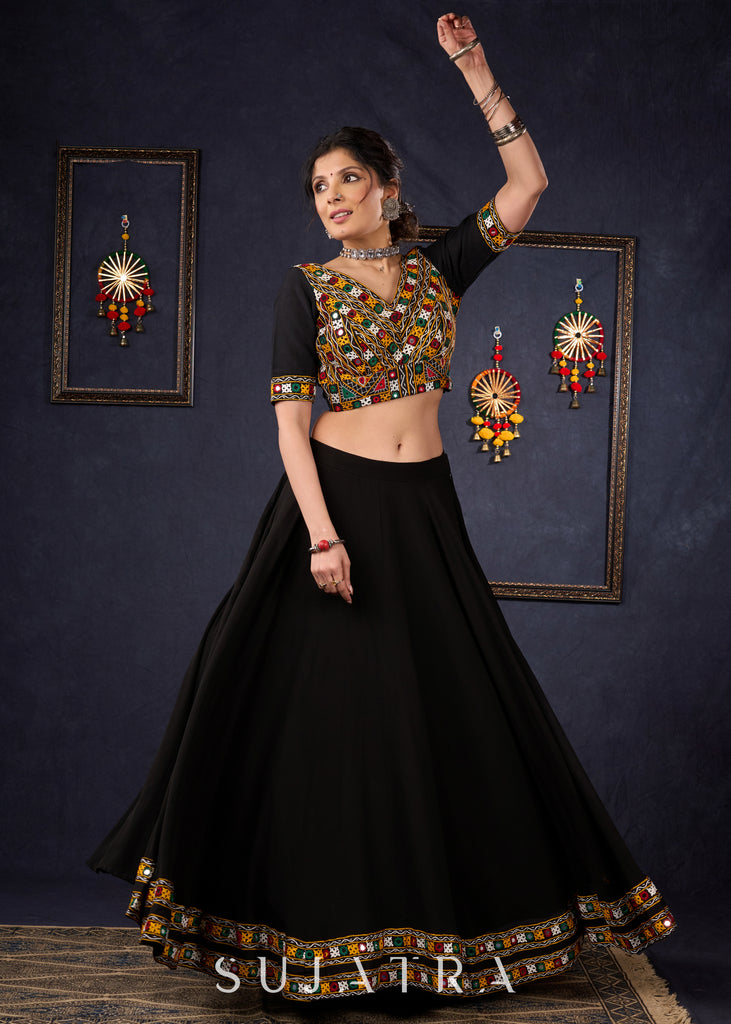 Traditional Black Kutch Work Lehenga With Matching Blouse & Dupatta .