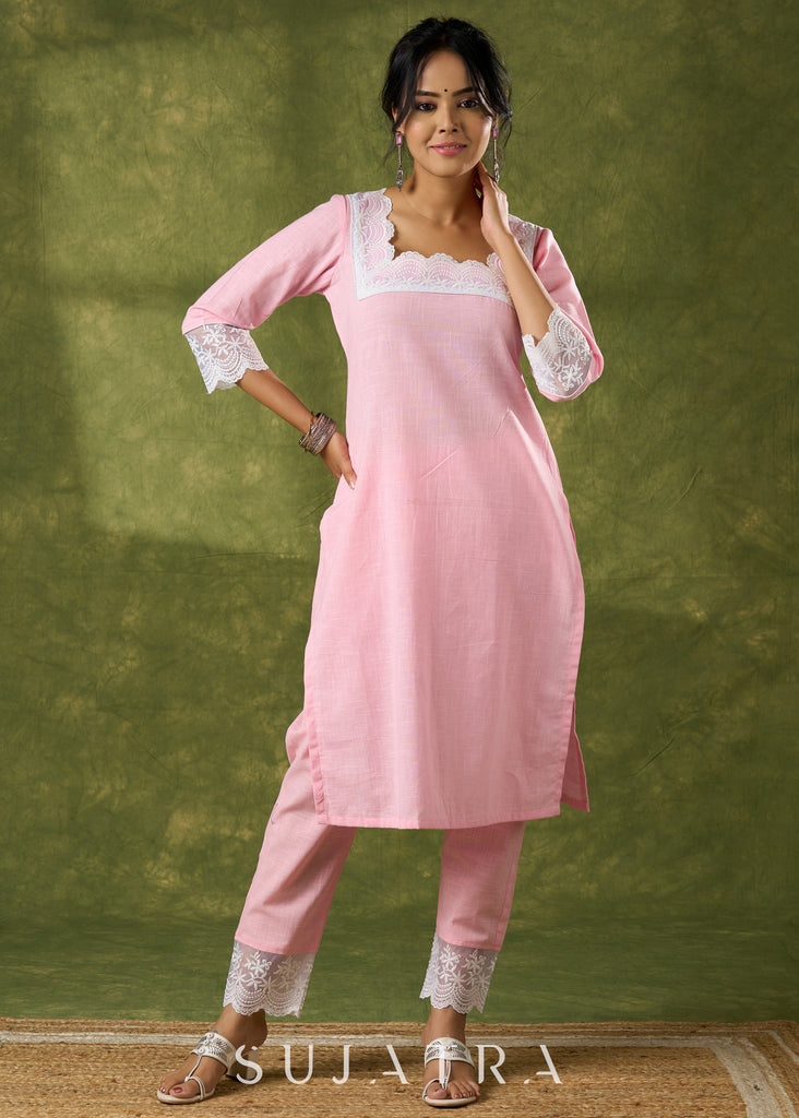 Subtle Baby Pink Cotton Kurta Embellished With Laces  - Pant Optional