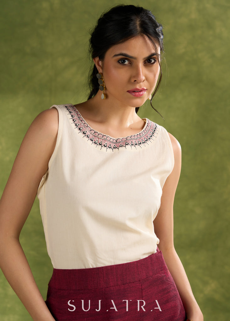 Intricately Hand Painted Off White Round Neck Cotton Top - Skirt Optional